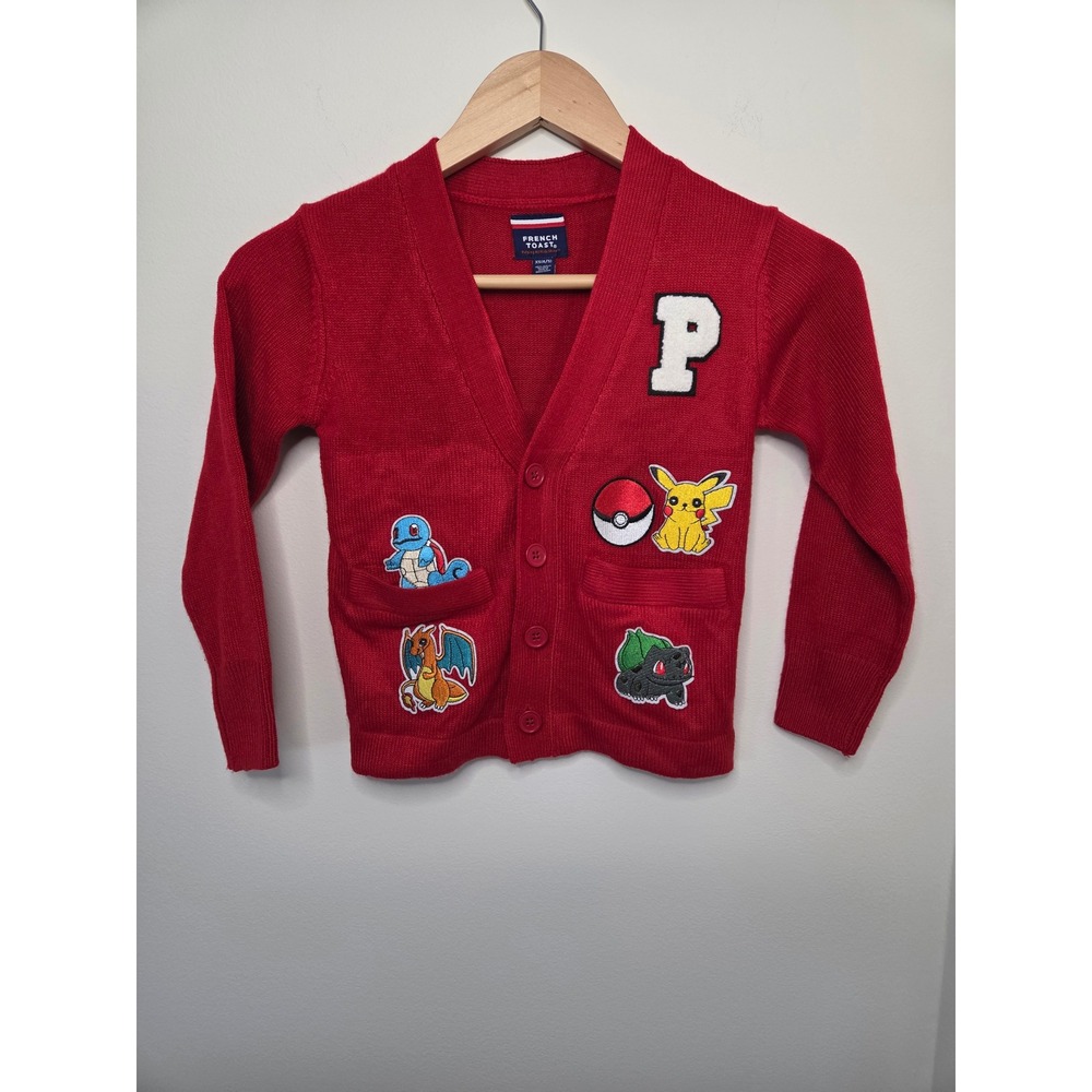 Pokemon Patch Varsity Kids‎ Red Cardigan Sweater French Toast XS 4/5 Pikachu